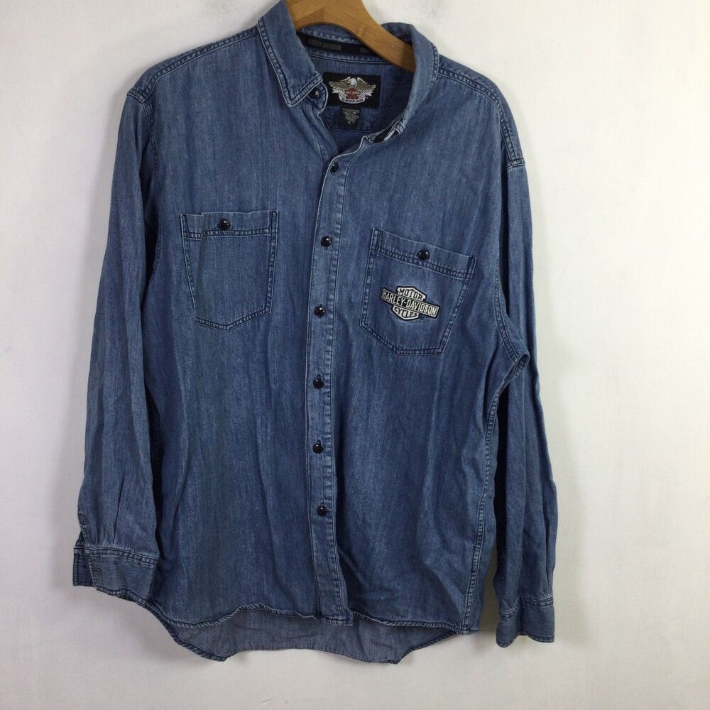 Harley-Davidson Mens Denim Button-Down Shirt Stretch Long Sleeves Blue Size XL